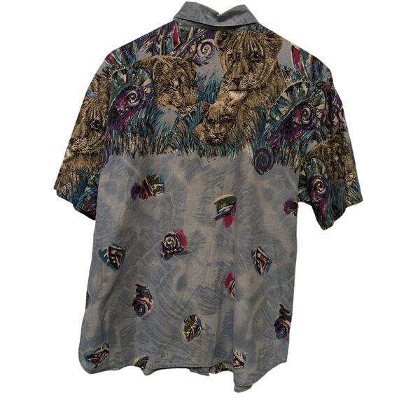 Vintage 80s Act III Lion Cub Graphic Button-Up Shirt Blue Multicolor Animal - Picture 2 of 4